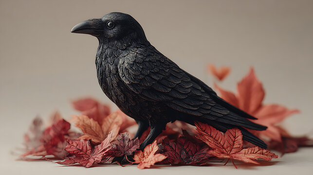 Halloween a detailed closeup of a black crow or raven perched autumn leaves, showcasing its textured feathers and sharp beak
