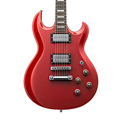 Close up of a shiny red electric guitar with chrome hardware and white binding isolated on transparent background