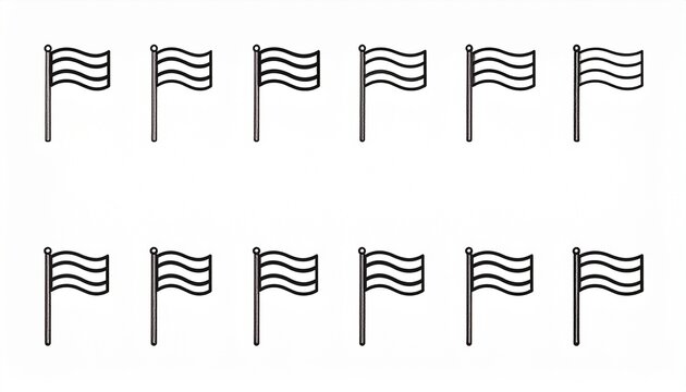 A collection of twelve monochrome flag icons. Isolated simple wavy banner symbols for patriotism, nationality, or graphic design concepts.