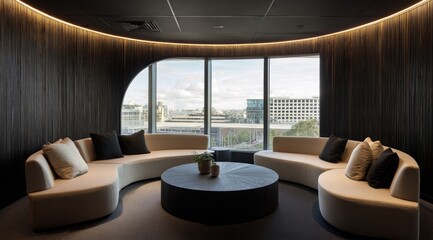 Modern, curved seating area with city view