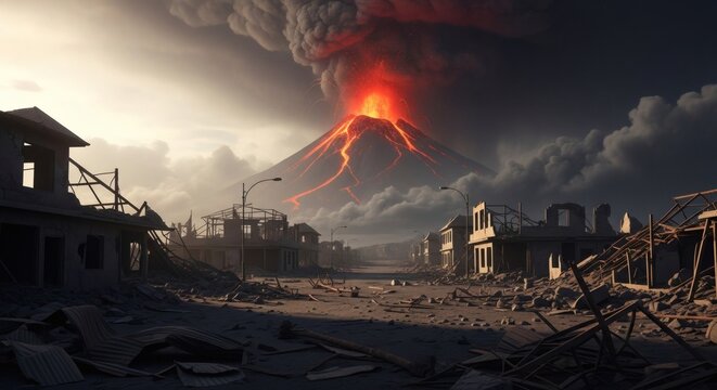 Apocalyptic landscape showing a city in ruins after a devastating volcanic eruption with lava and a massive ash cloud