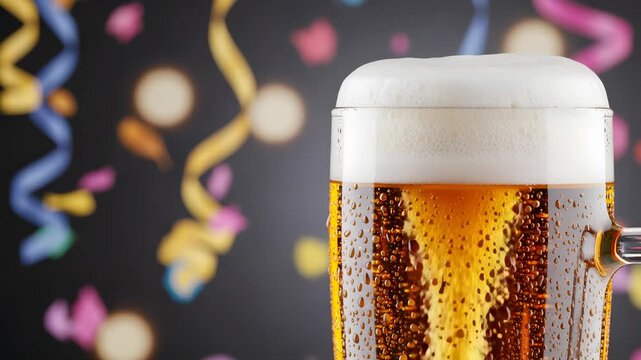 Close Up Beer Mug with Golden Liquid Against a Festive Confetti Background