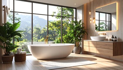 Fototapeta premium Luxury bathroom with freestanding tub large window overlooking green landscape plants golden fixtures