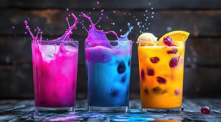 Three colorful fruit bubble tea drinks with splashes in dramatic lighting

