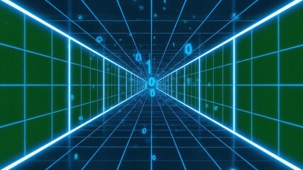 digital data tunnel, glowing blue grid corridor with binary code numbers and green screen backdrop used for futuristic technology VFX transitions or sci fi animation scenes
- Powered by Adobe