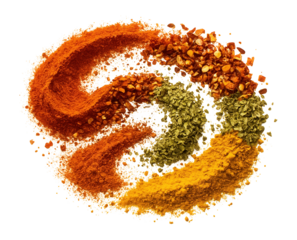 A vibrant spiral of assorted ground spices including red chili, turmeric, and green herbs arranged creatively on transparent background.