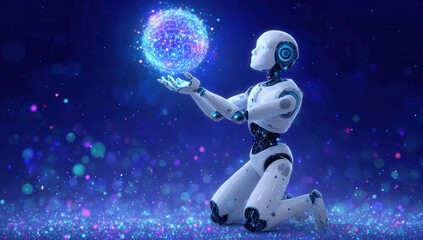 Fototapeta premium Artificial Intelligence Robot Holding Data Sphere Illustration