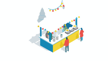 Obraz premium Isometric view of a winter market stall with people and decorations for a festive atmosphere scene