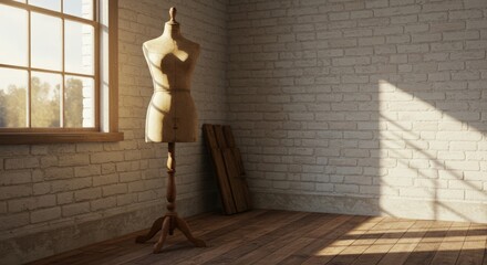 Antique dress form in sunlit room with brick wall