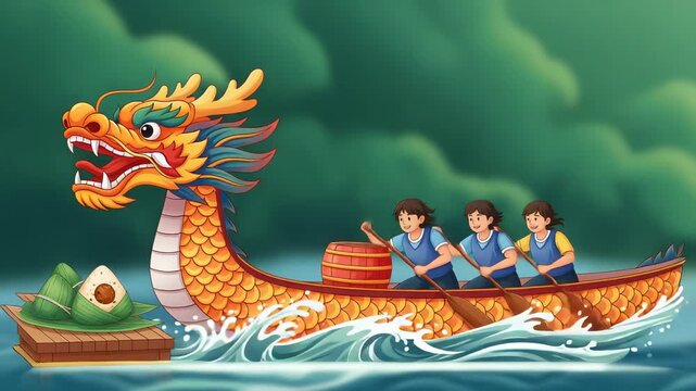Dragon Boat Festival with Golden Dragon Boat and Rowers Illustration