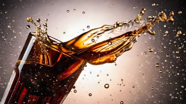 Dramatic Splash Of Sparkling Brown Soda In Glass With Ice Against Blurred Background