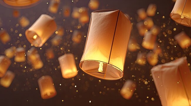 Floating lanterns, warm light, night sky