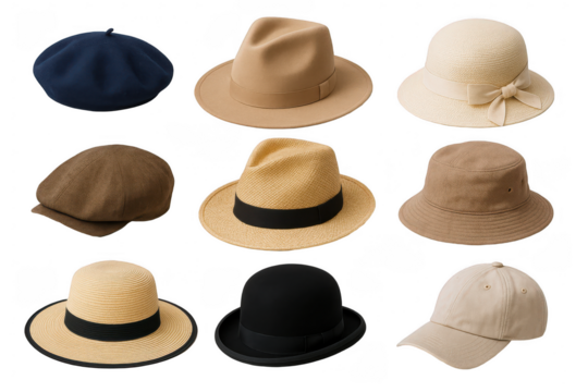 Collection of Nine Diverse Hats Showcasing Various Styles, Materials, and Colors for Fashion and Outdoor Activities