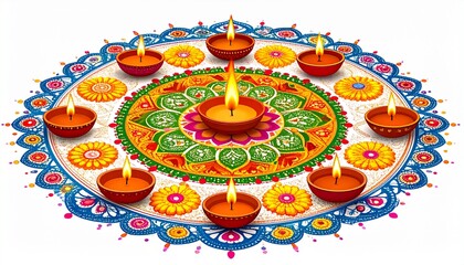 Fototapeta premium A beautiful circular Rangoli with glowing diya lamps. An intricate and colorful illustration for a traditional cultural festival.