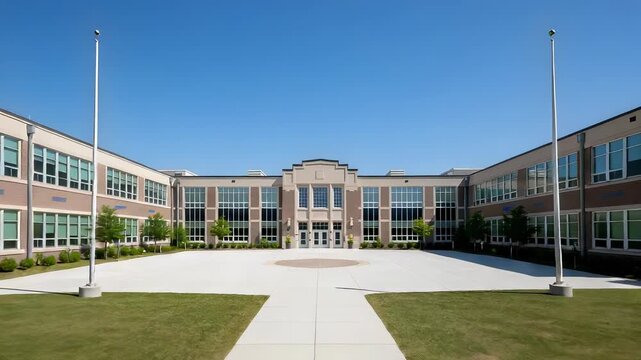 Exterior Of A Modern Brick School Building Under A Clear Blue Sky On A Sunny Day With Green Lawn And A Symmetrical Building Design