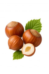 Whole and Halved Hazelnuts with Green Leaves, Fresh and Natural Nut Composition