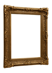 Ornate gold rectangular picture frame with intricate carvings on transparent background.