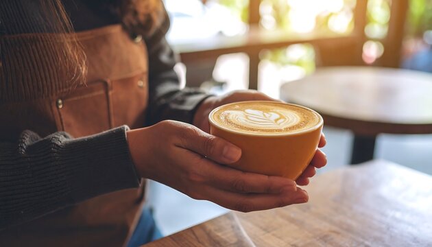 Person holding a ceramic cup of latte with leaf art in cafe setting with natural light