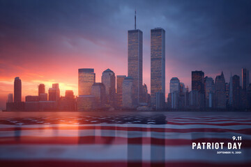 Obraz premium Skyline bathed in sunset, Twin Towers stand tall as symbols of r