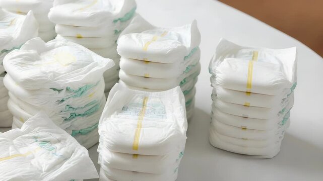 Neatly Stacked White Baby Diapers with Yellow and Blue Accents on Clean White Surface in Soft Lighting