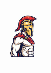 Spartan warrior strong muscular body in golden helmet. Powerful spartan soldier image for print. This strong spartan warrior illustration is perfect for logo design.