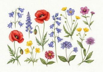 A watercolor illustration of various wildflowers isolated on white background