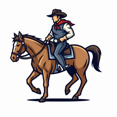 Obraz premium Cowboy riding brown horse. Illustration of cowboy in hat and neckerchief riding horse. Smiling cowboy on horseback is perfect mascot for western brand or rodeo event.