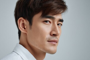 Fototapeta premium Confident young man with sharp features and stylish hairstyle, s