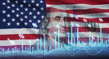 Conceptual image of US economy with American flag and dollar bill overlaid with financial graphs and percentage symbols