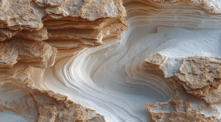 Close-up view of textured, layered geological formations in beige and off-white.  Intricate, flowing patterns resembling sculpted rock or layered sedimentary deposits