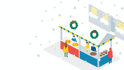 Isometric view of a christmas market stall with people and wreaths in a snowy winter scene illustration