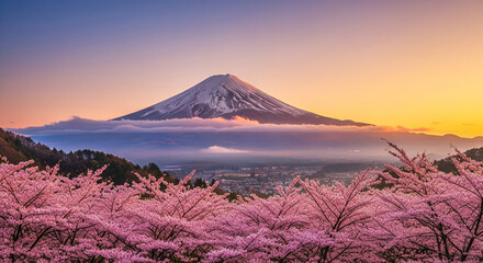 Mount Fuji with cherry blossoms in full bloom at sunset during spring in Japan, scenic view of nature and iconic travel destination