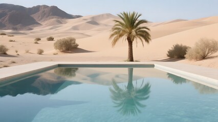 Oasis Pool in the Desert: A Palm Tree Reflects in Calm Waters Amid Sand Dunes