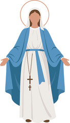 Virgin Mary illustration religious icon blue mantle white dress rosary.