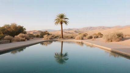 Serene Desert Oasis with Palm Tree Reflected in a Calm Pool