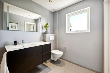 Modern bathroom interior in minimal scandinavian style, 3d render