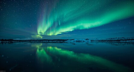 Aurora borealis over a calm lake reflecting the green and purple lights in the night sky with stars