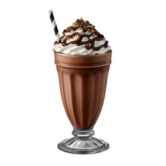 Decadent chocolate milkshake topped with whipped cream drizzle and crumble isolated on transparent background