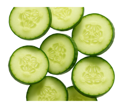 Fresh cucumber slices arranged neatly displaying their vibrant green skin and pale flesh on transparent background.