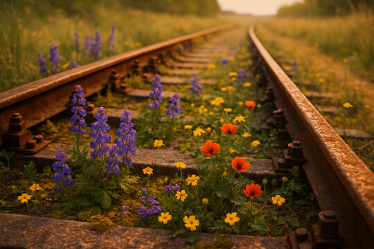 Abandoned railway tracks are slowly reclaimed by a vibrant meadow of colorful wildflowers, a beautiful scene of decay.