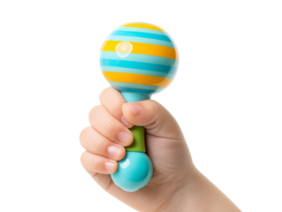 A tender hand of a child firmly grasps a vibrant, colorful rattle