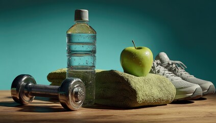 Workout essentials on wooden table.  Water bottle, apple, dumbbell, towel, and sneakers