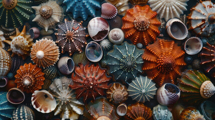 Close up of colorful patterned seashells and marine life on a beach