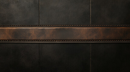 Black, dark Leather background with a horizontal strip of brown leather trim, decorative background wallpaper