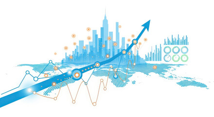 Global business growth concept with an upward arrow over a world map, city skyline, and interconnected data points