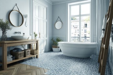 Light and airy, classic bathroom with wooden vanity and tiled floor.  Large windows offer city views.  Round mirrors and a wooden ladder add charm