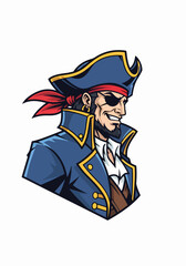 Smiling pirate mascot with an eyepatch and tricorn hat against plain background. Pirate mascot art represents a symbol of adventure and character design. Consider pirate mascot for branding,