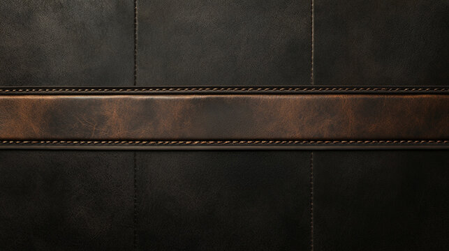 Black, dark Leather background with a horizontal strip of brown leather trim, decorative background wallpaper