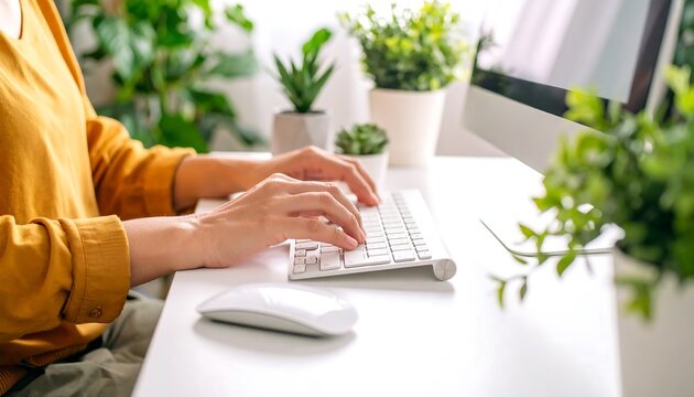Woman typing on white keyboard at desk with computer and potted plants yellow shirt workspace