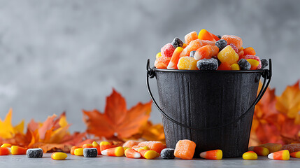 Halloween a black bucket overflowing with halloween candy corn and gummies, surrounded by autumn leaves